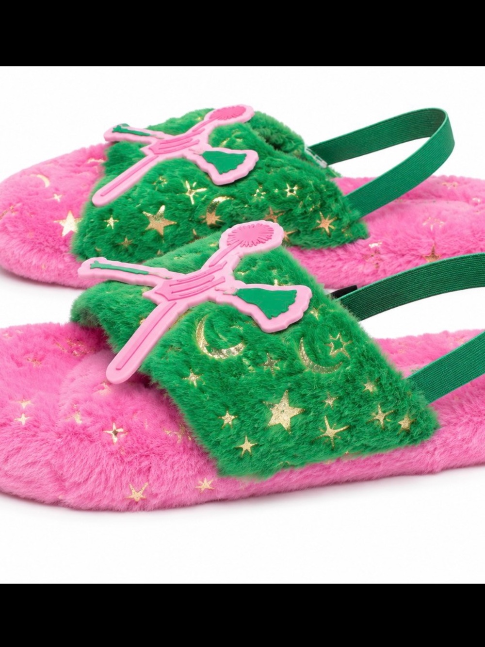 Womens Plush Wicked Slippers Pink & Green Fuzzy Slide Sandals NEW SZ 11/12